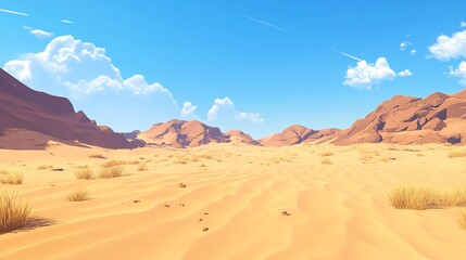 Fototapeta premium A vast desert landscape with towering red rock formations under a bright blue sky.