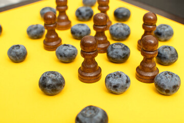 Black wooden chess pawns and blueberry	