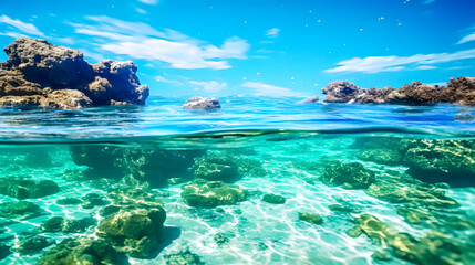 underwater view with beautiful coral and sunlight coming through the ocean