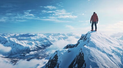 Hiker standing on top of a mountain and looking at the sun