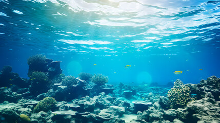 Fototapeta premium underwater coral reef landscape in the deep blue ocean with colorful fish and marine life background wallpaper 