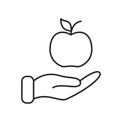 Hand Holding Apple Outline Icon, Healthy Food And Balanced Diet Concept. Isolated Vector Illustration