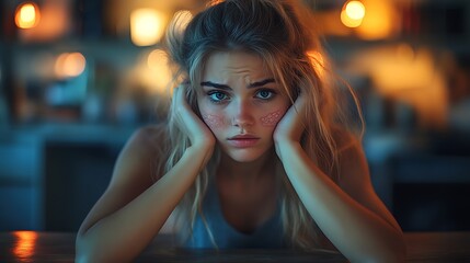 A young woman with a sad expression sits at a table with her hands on her cheeks.