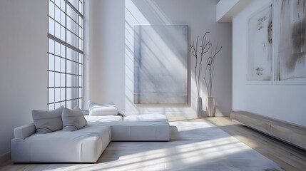Sleek and Minimalist Living Room with Bright Natural Lighting and Elegant Furnishings