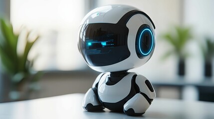 White and Black Robot with Blue Glowing Light on a Table