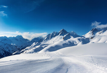 Majestic snow-covered peaks rise into the clear blue sky, where the beauty of nature leaves you breathless.