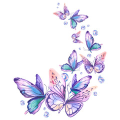 The butterflies are lilac, purple, pink and peach. A hand-drawn watercolor illustration. A swirl of flying butterflies on a white background. Template for the design and decoration of prints, postcard