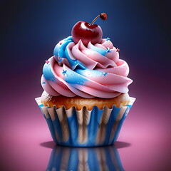 Delicious Cupcakes with Colourful Icing and a Cherry 