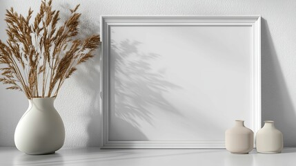 White Frame with Beige Vases and Dried Grass Against a White Wall