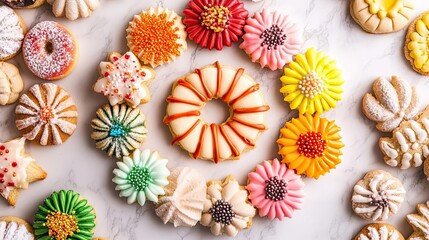 Colorful decorated cookies arranged in a beautiful circular pattern on a marble surface, perfect for dessert lovers.