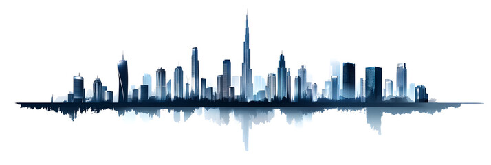 Night big city skyline, with dark building silhouettes and scattered lights, on white background