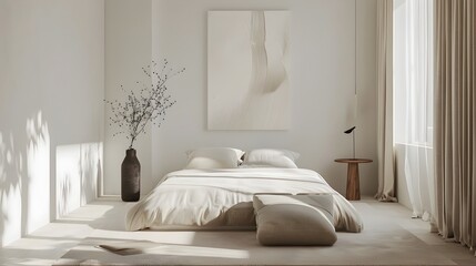 Minimalist Bedroom with Neutral Bedding and Abstract Wall Art Showcasing Serene Living Concept