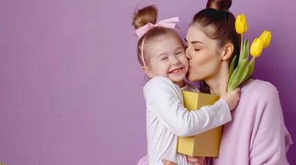 Loving daughter kissing and hugging her happy mother while presenting a gift box and bright yellow tulips in celebration of international women’s day or mother’s day, capturing heartwarming moments of