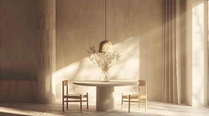Minimalist Dining Room with Simplistic Furniture and Pendant Lighting Focusing on Tranquil Living Space