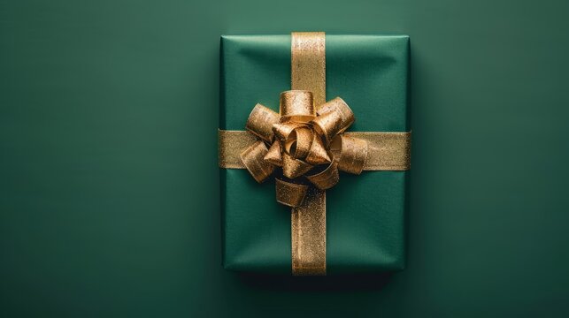 Beautifully wrapped gift box with elegant golden bow on a solid green background, ideal for holiday celebrations, birthday cards, festive occasions, and special event designs featuring luxurious and s