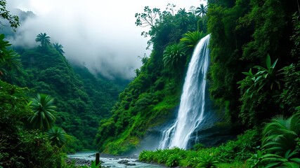Obraz premium Majestic water cascade plunges into a lush green valley surrounded by vibrant tropical foliage, mist drifting upwards