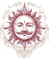 A stylized sun illustration featuring a face with rays emanating from it.