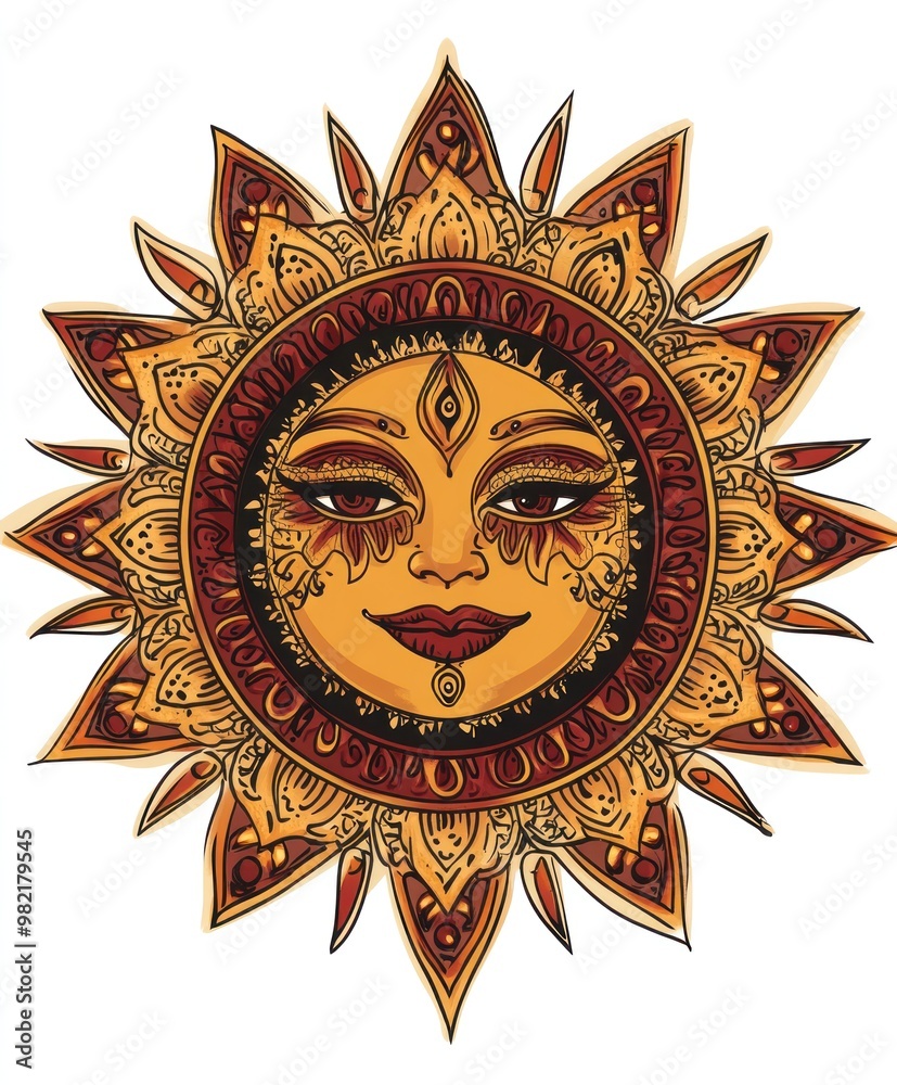 Wall mural A colorful sun illustration featuring intricate designs and a serene face.