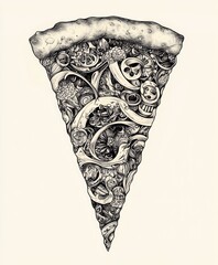 An artistic illustration of a pizza slice filled with intricate, surreal details.