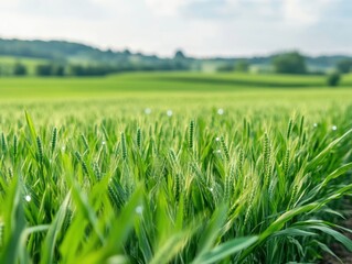 Obraz premium A lush green field of grass under a clear sky, evoking a sense of tranquility and nature's beauty in the countryside.