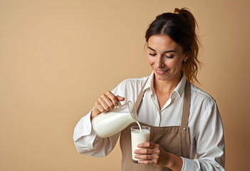 A middle aged woman is pouring milk into glass, showcasing warm smile and sense of joy in her kitchen. beige background complements her attire, creating cozy atmosphere