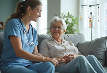 Obraz premium A senior woman with an intravenous drip is sitting on couch, receiving care from nurse. warm atmosphere reflects compassion and support in healthcare setting
