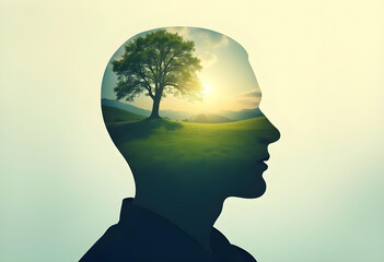 A serene landscape emerges within human head silhouette, showcasing tree and tranquil environment. This image evokes sense of peace and introspection