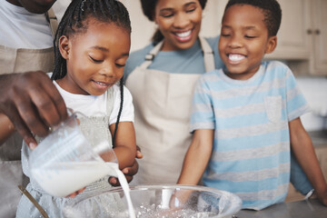 Baking, milk and black family in kitchen for bonding, learning and skill development in home. Mixing bowl, ingredients and African parents teaching children to cook for growth and fun at house.