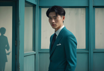 Fototapeta premium A young and handsome man in stylish teal suit stands confidently in modern, minimalist setting. soft lighting creates serene atmosphere, enhancing his poised expression