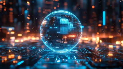 A glowing blue orb with digital code patterns on its surface sits on a dark futuristic circuit board, illuminated by orange lights.