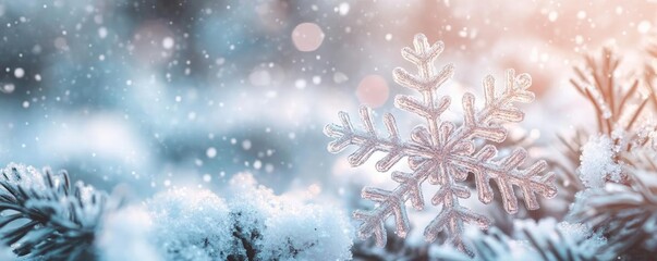 A delicate snowflake resting on soft white snow, surrounded by a winter wonderland of gentle snowfall and frosted greenery.