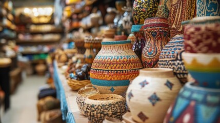 Fototapeta premium Colorful handcrafted pottery displayed in a vibrant market, showcasing intricate designs and cultural artistry.