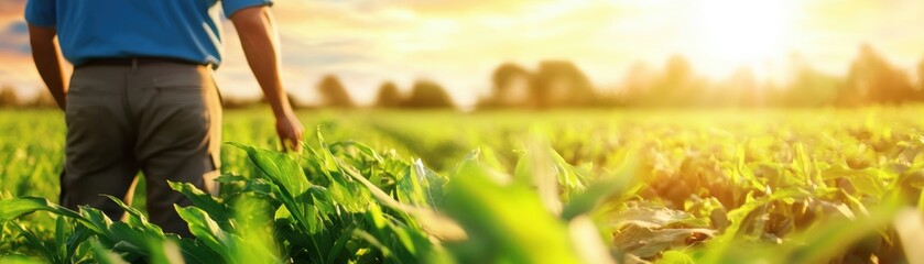 A farmer stands in a lush green field, enjoying the sunset over the horizon, symbolizing hard work and agricultural prosperity.