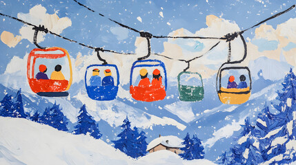 Vintage style illustration poster of ski resort with snowy hill, slope, ski lift.  Alpine ski lift poster featuring a scenic winter mountain backdrop