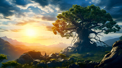 Fototapeta premium Landscape old tree with fresh green leaves and the light of the sunset behind it. suitable for desktop wallpaper and background