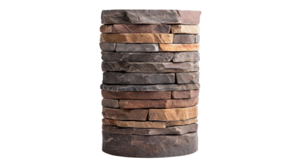 Tall stacked stone column pedestal with layered natural stones, featuring a rugged texture. Suitable for architectural elements or as a decorative piece. Isolated on transparent background, png.