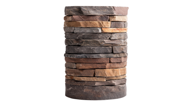 Tall stacked stone column pedestal with layered natural stones, featuring a rugged texture. Suitable for architectural elements or as a decorative piece. Isolated on transparent background, png.