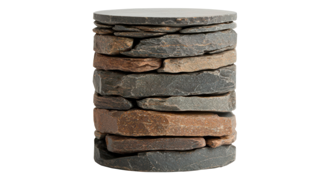 Rustic stone column pedestal made of stacked natural stones, offering a rugged, textured appearance. Ideal for architectural or decorative use. Isolated on transparent background, png.