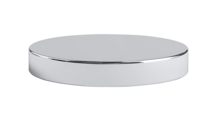 Round chrome display stand with a polished, reflective surface. Ideal for modern interior decor, product presentation, or exhibitions. Isolated on transparent background, png.