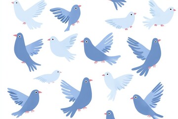 Fototapeta premium A collection of cartoon-style blue birds showcasing various poses and expressions.. Beautiful simple AI generated image