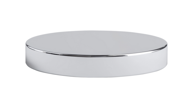 Round chrome display stand with a polished, reflective surface. Ideal for modern interior decor, product presentation, or exhibitions. Isolated on transparent background, png.
