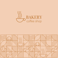 Abstract coffee modern line geometric pattern. Hand drawn illustration for Bakery and Coffee shop. Icons. Coffee bean, cup of coffee, dish, cookie and croissant. Abstract geometric line background. 