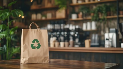 A brown paper bag with a green recycling symbol on a wooden table, set in a cozy café environment, Generative AI