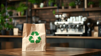 A brown paper bag with a green recycling symbol on a wooden table, set in a cozy café environment, Generative AI