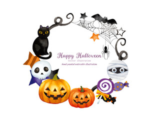 水彩手書きタッチのハロウィンモチーフのかわいいフレームデザインセット