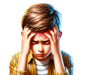 Isolated vector illustration of a boy having severe headache from migraine on white background.