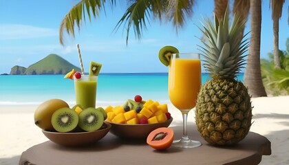 Tropical fruit platter with fresh juices on a beachside table with ocean view
