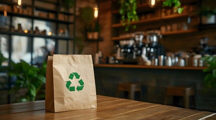 A brown paper bag with a green recycling symbol on a wooden table, set in a cozy café environment, Generative AI