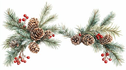 Watercolor Illustration of Pine Branches with Pinecones and Red Berries