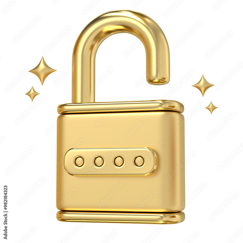 Wall mural golden unlocked padlock, a gleaming symbol of access and security, this 3d rendering of an unlocked 